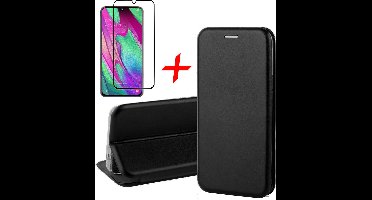 Hoesje geschikt voor Samsung Galaxy A40 - Screen Protector FullGuard - Book Case Kunstleer ThinShield Zwart & Screenprotector