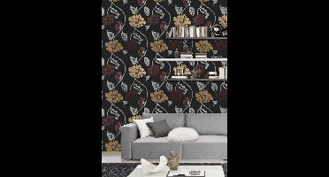 Dutch Wallcoverings Vliesbehang zwart bloem - rood zilver goud