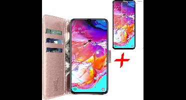 Hoesje geschikt voor Samsung Galaxy A70 - Screen Protector GlassGuard - Book Case Kunstleer Pasjeshouder Rosegoud & Screenprotector