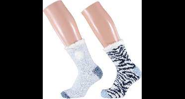 Apollo Dames sokken - 2 pack - blauw/wit - maat 36/41 - pluche - warm