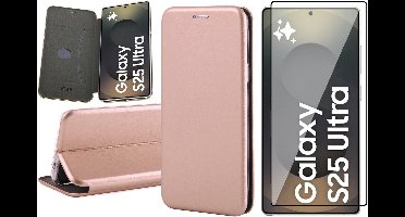 Hoesje geschikt voor Samsung Galaxy S25 Ultra - Screenprotector Glas - Wallet Book Case Rosegoud