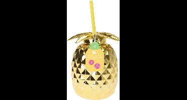 Drinkbeker gouden ananas kunststof met rietje 800ml multicolor.
