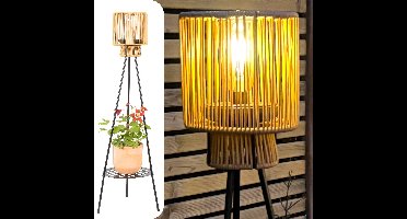 Gadgy Solar Tuinverlichting Staande Lamp Terras - Buitenlamp Zonne Energie Balkon & Tuin - Driepoot Tuinlamp Led Buiten met USB-aansluiting - Lantaarn voor Buiten Verlichting - Bruin Rattan