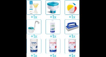 Alles-in-1 Zwembad Onderhoudspakket - bevat Chloor - PH-min - PH-plus - Skimmer - Anti Alg - Scrubborstel - Testrips - Chloordrijver en Strandbal (9-delig)