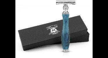 Haryali London Classic Double Edge (DE) veiligheidsscheermes verchroomd met gesloten kam voor heren en dames, Inclusief 5 Mesjes ( Blauw )