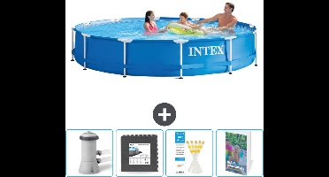 Intex Rond Frame Zwembad - 366 x 76 cm - Blauw - Inclusief Pomp Vloertegels - Testrips - Zwembadgids