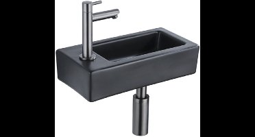 QeramiQ Fuente Fonteinset - 37.5x18.5x9cm - keramiek - kraangat links - fonteinkraan gunmetal - afvoerplug - verlaagd sifon - Mat Zwart