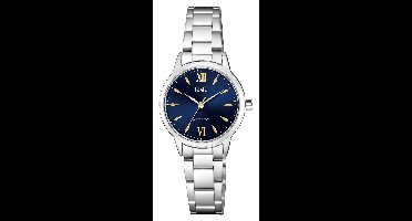 Q&Q Q11A-002PY - Horloge - Polshorloge - Analoog - Vrouwen - Dames - Stalen band - Rond - Metaal - Romeinse Cijfers - Strepen - Zilverkleurig - DonkerBlauw - Goudkleurig