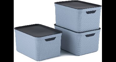 Rotho Jive opbergboxen set van 3 Opbergdozen 16 L met Deksel, Kunststof (PP Gerecycled), blauw/Antraciet, 3 x 16 L (37,5 x 27,8 x 29,8 cm)