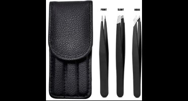 3 stuks Premium Stainless steel wenkbrauw Tweezer set met etui - Pincet set - Haar verwijderen voor prachtige wenkbrauwen - Reisset