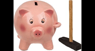 Out of the Blue Spaarvarken - Roze keramiek spaarpot met hamer - 15 cm