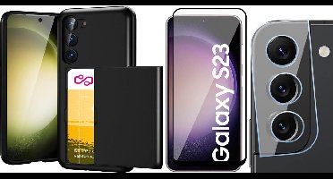 Hoesje met Pasjeshouder geschikt voor Samsung Galaxy S23 - Screenprotector FullGuard & Camera Lens Screen Protector - Back Cover SlideCase Zwart