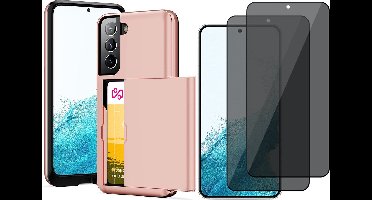 Hoesje met Pasjeshouder geschikt voor Samsung Galaxy S22 Plus - 2x Privacy Screen Protector FullGuard - Back Cover SlideCase Roségoud & Screenprotector