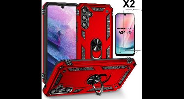 Hoesje Geschikt voor Samsung Galaxy A24 hoesje Rood Met Draaibare Ring Houder - Galaxy A24 Screenprotector - 2 stuks