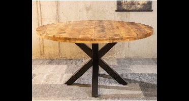 Meubelplaats Ronde Mango Eettafel Spider 120x120x77 cm - 5 cm dik blad - industrieel Design - Extra dik blad - Massief Mangohout