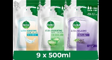 Dettol - Handzeep - Antibacterieel - 4,5L - 3x 500ML Navulling Hydrating Aloe Vera - 3x500ML Navulling Sensitive - 3x500ML Navulling Relaxing Lavender - met 75% minder Plastic - Voordeelverpakking
