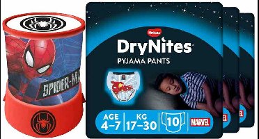 DryNites Luierbroekjes Boy 4-7 jaar Voordeelbox + Spiderman Led Projector Lamp Pakket