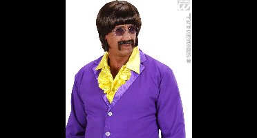 pruik popster 60s bruin met snor en bril