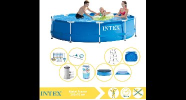 Intex Metal Frame Zwembad - Opzetzwembad - 366x76 cm - Inclusief Afdekzeil, Onderhoudspakket, Filter, Grondzeil, Onderhoudsset, Trap en Voetenbad