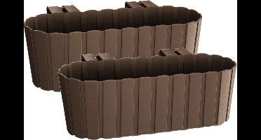 Balkon plantenbak/bloembak - Set van 2x stuks - met haken - kunststof - rechthoekige - bruin - 38 cm - Tuin/balkon decoraties
