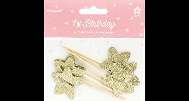 PartyDeco Cupcake Toppers 1st Birthday Gouden Sterren Set/6