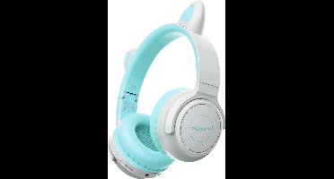 ProMate® Premium Kinder Draadloze Bluetooth Hoofdtelefoon voor Kinderen, Universeel, Kawaii Stijl Bedrade/Draadloze Opvouwbare Koptelefoon met LED Kattenoren, 93dB Veilige Volumelimiet, Microfoon, AUX, TF Kaartsleuf en 40 Uur Speeltijd, Panda Aqua