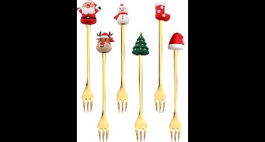 House of Husk Kerst Gebaksvorkjes - Dessertvorken - Taartvorkjes - Cocktailvorken - 6 Stuks - RVS - Goud