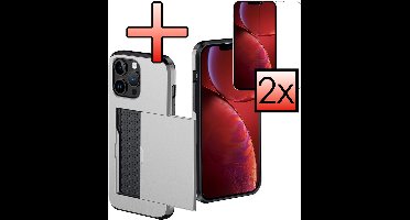 Hoes Geschikt voor iPhone 14 Pro Hoesje Pasjeshouder Hard Cover Met 2x Screenprotector Shock Proof Hard Case Hoes Met Kaarthouder - Grijs