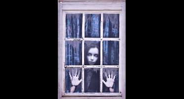 Kunststof Raam decoratie creepy dame achter venster 120 x 80 cm