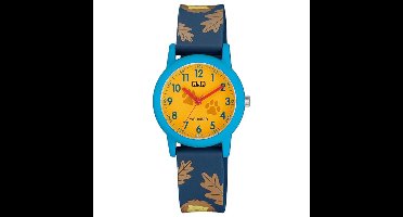 Q&Q V23A-004VY - Horloge - Sport - Analoog - Kinderen - Unisex - Plastic band - Rond - Kunststof - Cijfers - Leeuw - Blauw - DonkerBlauw - Geel - 10 ATM