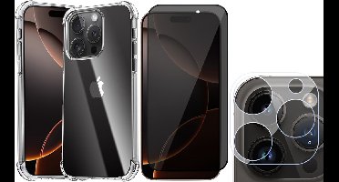 Hoesje geschikt voor iPhone 16 Pro Max - Privacy Screenprotector Volledig Dekkend Glas & Camera - Shockproof Transparant met Extra Hoekbescherming