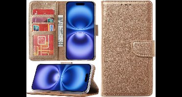 Hoesje Geschikt voor iPhone 16 hoesje – portemonnee bookcase met pasjeshouder – Goud