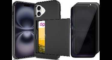 Hoesje met Pasjeshouder geschikt voor iPhone 16 - 2x Privacy Screen Protector FullGuard - Back Cover SlideCase Zwart & Screenprotector