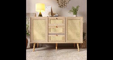 Amalee - Dressoir - Rotan - Massief Hout - Met lades - 2 Deurs - Met voet - 120 x 82 x 40 cm - Kleur Eiken - Woonkamer - Slaapkamer