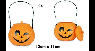 4x Pompoen emmer met deksel en hengsel 13cm x 11cm - Horror halloweenscary creepy thema feest