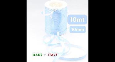 10 Meter ENKELVOUDIG SATIJN LINT met WITTE STIKSEL RANDJES, Breedte 10MM, MADE IN ITALY, Kleur LICHTBLAUW