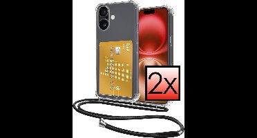 Hoes Geschikt voor iPhone 16 Plus Hoesje Pasjeshouder Cover Met Koord Shock Proof Case Siliconen Hoes Met Telefoonkoord en Kaarthouder - Transparant - 2 PACK