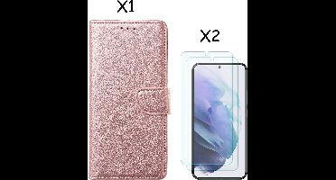 Samsung S22 hoesje Rose Goud Samsung Galaxy S22 5G hoesje bookcase portemonnee cover - Samsung hoesje S22 - Samsung S22 screenprotector / 2X Beschermglas