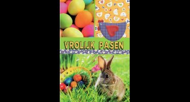 Vrolijk pasen! Een mooie en lieve wenskaart met een schattig konijn in het gras. Naast het konijn liggen paaseieren en boven het konijn zit een kip met een hart als decoratie. Een dubbele wenskaart inclusief envelop en in folie verpakt.