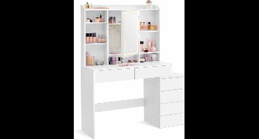 Sierra, KAILYN Collectie - Kaptafel met LED-verlichting, 40 x 118,3 x 145 cm, make-uptafel met spiegel, cosmeticatafel met lades, verstelbare planken, modern, wolkenwit RDT624WB01