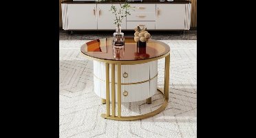 Salontafel – Bijzettafel – Woonkamertafel – 2-in-1 Tafel – MDF En Dennenhout – Glazen Blad – Opberglade - Wit