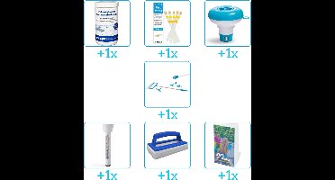 Zwembad Onderhoudspakket - Onderhoud Zwembad - bevat Chloor - Testrips - Chloordrijver - Schoonmaakset - Thermometer - Scrubborstel en Zwembadgids (7-delig)