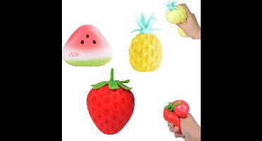 3 stuks Fruit-fidgetspeelgoed – Stressverlagend sensorisch knijpspeelgoed voor kinderen en volwassenen – Schattige aardbeien en ananas-squishies – Langzaam terugverend sensorisch speelgoed tegen angst – Beloningen voor in de klas