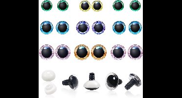 24 Sets Veiligheidsogen voor Amigurumi en Pluche Dieren, 6 Kleuren, 16 mm tot 20 mm, Handgemaakte Ogen met Wasmachines en Sequins