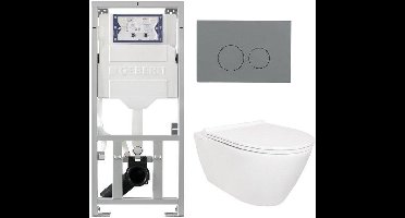 QeramiQ Salina Toiletset - rimless - Geberit inbouwreservoir - diepspoel wandcloset - softclose - quickrelease - bedieningsplaat licht grijs - ronde knoppen - wit