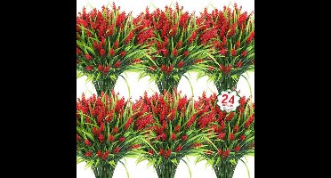 24 Bundels Kunstplanten - Nep Lavendelbloemen - Kunstgras - UV-bestendige Plastic Groenplanten - voor Tuin, Huis, Veranda, Raam, Terras, Hangende Plantenbak, Binnendecoratie,Rood