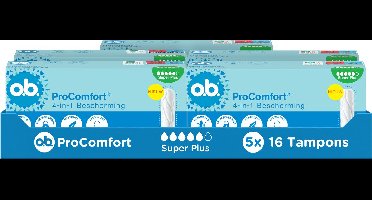 o.b. ProComfort Tampons 4-in-1 Bescherming – SilkTouch Oppervlak, Dynamic Fit, 100% Plantaardige Absorberende Kern, OEKO-TEX, Zonder Parfum & Chloorbleekmiddel, Super Plus, 5x16 tampons
