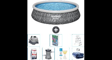 Bestway Rond Opblaasbaar Fast Set Zwembad - Rotanprint - 457 x 107 cm - Inclusief Pomp - Ladder Solarzeil - Zoutwatersysteem - Zwembadzout - 8-delig