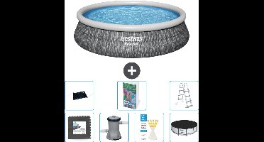 Bestway Rond Opblaasbaar Fast Set Zwembad - Rotanprint - 457 x 107 cm - Inclusief Pomp - Ladder Afdekzeil - Solar Mat - Vloertegels - 8-delig