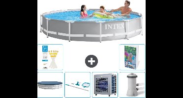 Intex Rond Prism Frame Zwembad - 366 x 76 cm - Grijs - Inclusief Afdekzeil - Schoonmaakset - Warmtepomp - Zwembadfilterpomp - 7-delig